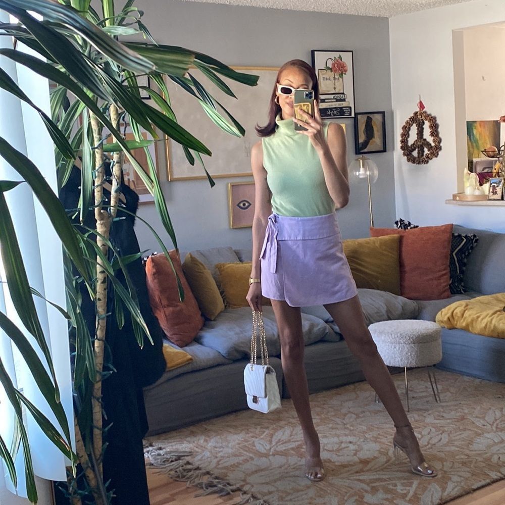 Zara Lavender Linen Blend Bow Trim Skort - Picture 13 of 16